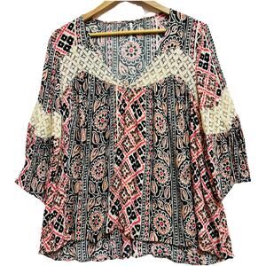 Free People Womens Top Size Small Printed Shirt 3/4 Sleeve Oversized Boho